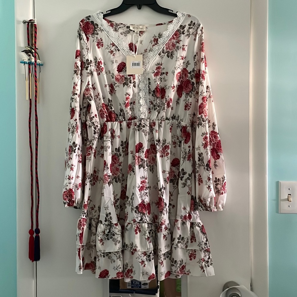 White and red rose dress with long sleeves NWT